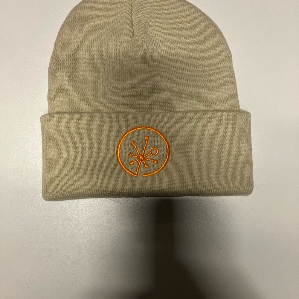 Beige Beanie with Orange Embroidery